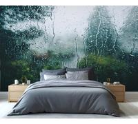 Fresque murale « Vue sur la pluie par la fenêtre » - Forêt brumeuse et gouttes de pluie - Décoration murale pour chambre, papier peint apaisant pour les jours de pluie 250x195cm (Non autocollant)