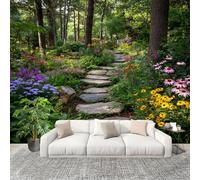 Fresque Papier Peint 400x280cm Chemin De Jardin Avec Des Fleurs Papier Peint Intissé Résistant à la décoloration Multicolore Moderne Salon Chambre Panoramique Decoration Fresque Murale