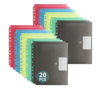 FRETONBA Pochette Plastique A4 20 Pièces, Pochettes Plastiques Perforées a4 5 Couleurs, Chemises avec Poche à Étiquette et Fermeture Scratch, Pochette Classeur pour Bureau, Voyage, Fournitures
