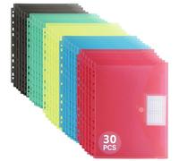 FRETONBA Pochette Plastique A4 30 Pièces, Pochettes Plastiques Perforées a4 5 Couleurs, Chemises avec Poche à Étiquette et Fermeture Scratch, Pochette Classeur pour Bureau, Voyage, Fournitures