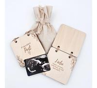 FreudenPost Livre d'annonce de grossesse en bois naturel de tilleul 7 x 7 cm, 4 pages, avec gravure, coffret cadeau pour annonce de bébé Freudenpost