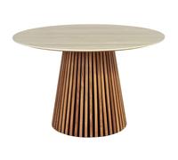 Lisa Design - Freya - Table à Manger Ronde Effet Bois - Plateau Effet travertin - 6 Personnes, Bois/Beige
