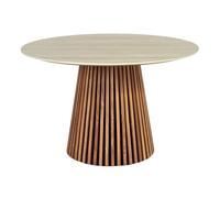 Freya - table à manger ronde effet bois - plateau effet travertin - 6 personnes - Bois / Beige
