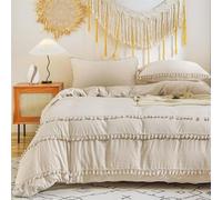 Freyamy Boho Housse de Couette 240x260cm+2 Taie d'oreiller 65x65cm Frange Bohème Beige Parure de lit 2 Personnes Adulte Fille Sets de Housse Couette en 100% Microfibre Lavé avec Fermeture Éclair