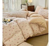 Freyamy Housse de Couette 140x200 à Carreaux Vichy Marron Parure de lit 1 Personne Filles Femmes avec Fermeture Éclair Sets de Housse Cerises en Microfibre avec Une Taie d'oreiller 65 x 65cm