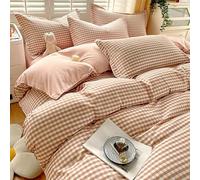 Freyamy Housse de Couette 140x200 à Carreaux Vichy Rose Clair Parure de lit 1 Personne Adulte avec Fermeture Éclair Moderne Sets de Housse en Microfibre avec Une Taie d'oreiller 65 x 65cm