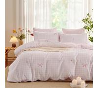 Freyamy Housse de Couette 140x200 à Carreaux Vichy Rose Parure de lit 1 Personne Filles Femmes avec Fermeture Éclair Sets de Housse Amour en Microfibre avec Une Taie d'oreiller 65 x 65cm