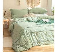 Freyamy Housse de Couette 200x200+2 Taie d'oreiller 65x65cm Pompoms Frange Bohème Vert Clair Parure de lit 2 Personnes Adulte Fille Sets de Housse Couette en 100% Microfibre Lavé avec Fermeture Éclair