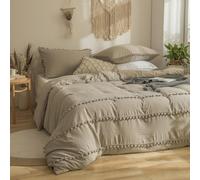 Freyamy Housse de Couette 200x200cm+2 Taie d'oreiller 65x65cm Frange Bohème Pompoms Kaki Parure de lit 2 Personnes Adulte Fille Sets de Housse Couette en 100% Microfibre Lavé avec Fermeture Éclair