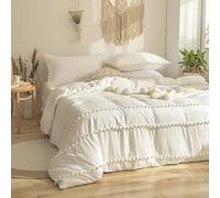 Freyamy Housse de Couette 240x260cm+2 Taie d'oreiller 65x65cm Frange Bohème Pompoms Blanc Parure de lit 2 Personnes Adulte Fille Sets de Housse Couette en 100% Microfibre Lavé avec Fermeture Éclair