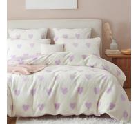 Freyamy Peluche Housse de Couette 140x200+1 Taie d'oreiller 65x65cm Blanc Violet Motif de Cœur Shaggy Furry Faux Fur Parure de lit 1 Personne Flanelle Fuzzy Hiver Linge de lit avec Fermeture Éclair