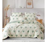 Freyamy Peluche Housse de Couette 140x200cm Vert Cœur Hiver Chaude Duveteuse Parure de lit 1 Personne Shaggy Faux Fur avec Fermeture Éclair Flanelle Linge de lit avec 1 Taie d'oreiller 65 x 65cm