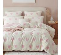 Freyamy Peluche Housse de Couette 200x200+2 Taie d'oreiller 65x65cm Blanc Rose Motif de Cœur Shaggy Furry Faux Fur Parure de lit 2 Personnes Flanelle Fuzzy Hiver Linge de lit avec Fermeture Éclair