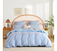 Freyamy Tuftée Housse de Couette 220x240cm à Carreaux Bleu Broderie Parure de Lit 2 Personnes Adulte Ado Filles Shabby Chic Linge de lit avec Fermeture Éclair et 2 Taies d'oreiller 65x65cm