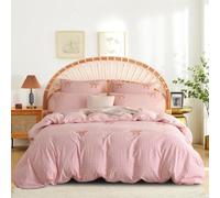 Freyamy Tuftée Housse de Couette 220x240cm à Carreaux Rose Broderie Parure de Lit 2 Personnes Adulte Ado Filles Shabby Chic Linge de lit avec Fermeture Éclair et 2 Taies d'oreiller 65x65cm