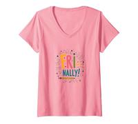 Fri-Nally Celebration School's Out Plaisir d'été T-Shirt avec Col en V, Femme, Rose, M