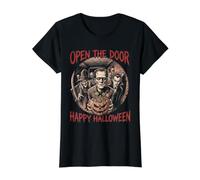 Friandise Open The Door Happy Halloween Monsters T-Shirt Graphique avec Valeur, Femme, Noir, M