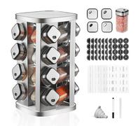 FRIBERG Rangement Epices Cuisine,Présentoir à Épices à 360° avec 16 Pots à Épices-Couvercle Rotatif, 3 Modes de Sortie,Carrousel à épices,Avec Entonnoir, Autocollant, Stylo et Brosse de Nettoyage