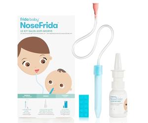 Frida Baby NoseFrida SnotSucker Ensemble Kit Salin Aspirateur Nasal | Inclut aspirateur NoseFrida, 4 filtres hygiéniques et spray salin naturel, Élimine mucus, Soulagement nasal Facile à nettoyer