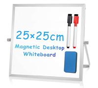 Fridge Magic Tableau blanc magnétique compact avec chevalet double face - 25 x 25 cm - Idéal pour le bureau et la maison, comprend 2 stylos effaçables et une gomme