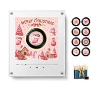 Fridge Magnet Music Player, Christmas Mini Vinyl Record Player Magnet (D) | 9 NFC Festive Music Discs, USB-C Magnetic Fridge Box with LED Light, Retro Holiday Decor Gift for Music Lovers