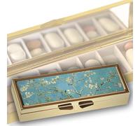 FridolinEdition Petite boîte à pilules pour 7 jours - Métal - Dimensions : env. 10,1 × 3,5 × 1,7 cm, intérieur avec miroir - Motif : fleurs d'amandier Van Gogh