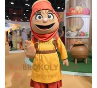 Fried Rice Personnage De Costume De Mascotte Redbrokoly Habillé Avec Un Pantalon En Velours Côtelé Et Des Colliers Multicolore