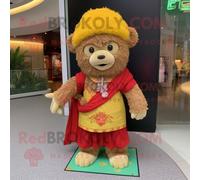 Fried Rice Personnage De Costume De Mascotte Redbrokoly Habillé Avec Un Pantalon En Velours Côtelé Et Des Colliers Multicolore