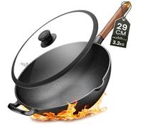Friedewald® Wok en fonte avec couvercle - Convient pour l'induction - 29 cm - Pour 2 à 4 personnes - Tous types de feux - Grill et poêle à frire massif - Revêtement anti-adhésif naturel