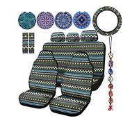 Frienda 14 Pcs Baja Car Seat Covers Full Set Multicolor Stripe Boho Print Steering Wheel Cover Seat Belt Cover Crystal Hanging Ornament Car Holders Fits (Bohemia Style)