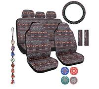Frienda Baja - Lot complet de 14 housses de siège de voiture - Motif rayures multicolores - Housse de volant - Housse de ceinture de sécurité - Ornement à suspendre - Supports de voiture (style bohème