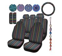 Frienda Baja Lot de 14 housses de siège de voiture à rayures multicolores pour voiture, motif bohème, housse de volant, housse de ceinture de sécurité, ornement à suspendre, support de voiture pour voiture (style élégant)