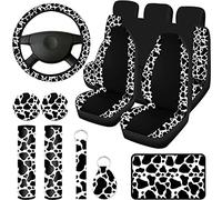 Frienda Lot de 13 Housses de siège de Voiture à imprimé Vache Mixte pour Homme et Femme, Accessoires de Voiture en Caoutchouc pour Volant, accoudoirs, Ceintures de sécurité, Porte-clés, Blanc et Noir