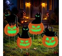 Frienda Lot de 4 décorations d'Halloween en forme de citrouille noire avec piquets phosphorescents - Décoration d'Halloween effrayante pour extérieur, pelouse, cimetière, allée