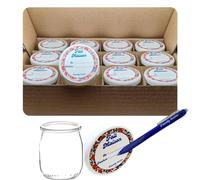 Friendly Cuisine - Pots de Yaourt en Verre avec Couvercles - Lot de 12 pots de 143 ml + 12 Couvercles avec Etiquettes effaçables + 1 Crayon Inclus - Fabrication Française