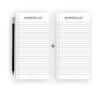 Friendly Fox Bloc-notes magnétique, lot de 2 blocs magnétiques pour réfrigérateur avec 50 listes de courses, magnétique & crayon, bloc de liste à faire DIN long, noir et blanc, lot de 2