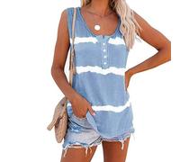 Friendlyk Tank Top 2025 Summer Tie-Dye Striped Sleeveless Tank Top Striped Print Button Women's Vest T-Shirt (Blue,M)