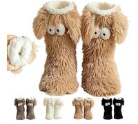 Friends Cozy Socks,Women's Winter Warm Fuzzy Non-Slip Slipper Socks with Cute Big Eyes,Cute Floppy Big Ears Home Socks (Brown)