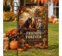 Friends Forever Horse Drapeau de jardin avec citation d'automne 30,5 x 45,7 | Clôture en bois, drapeau de cour, feuilles tombées, scène de ferme rustique, thème équestre, humeur de récolte