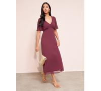 Friends Like These Friends Like These Berry Red Chiffon Pleated Angel Sleeve V-Neck Button Midi Dress Berry Red 16