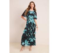 Friends Like These Friends Like These Black/Teal Floral Print Chiffon Angel Sleeve Tiered Hem Maxi Dress Black/Teal Floral EU 52 (UK 24)