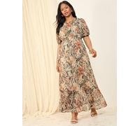 Friends Like These Friends Like These Brown Animal Curve Chiffon Ruched Sleeve Frill Hem Maxi Dress Brown Animal EU 50 (UK 22)