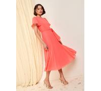Friends Like These Friends Like These Coral Pink Petite Angel Sleeve Chiffon Pleat Midi Dress Coral Pink 20