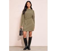 Friends Like These Friends Like These Khaki Green Long Sleeve Button Shoulder Tie Belt Cosy Mini Dress Khaki Green 16