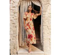 Friends Like These Friends Like These Orange White Floral Print V-Neck Angel Sleeve Satin Midi Dress Orange White Floral EU 52 (UK 24)