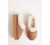 Friends Like These Friends Like These Tan Brown Faux Fur Cuff Embroidered Tape Nightwear Mule Slippers