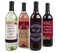 Friends Thanksgiving Feast - Décorations de fête pour femmes et hommes - Étiquettes autocollantes pour bouteille de vin - Lot de 4