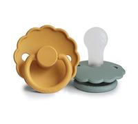 FRIGG Daisy Lot de 2 sucettes | Sucette en silicone | Sans BPA | Fabriqué au Danemark | Tétine Cerise Symétrique | (Honey Gold/Lily Pad, Taille 1 (0-6 Mois))
