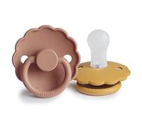 FRIGG Daisy Lot de 2 sucettes | Sucette en silicone | Sans BPA | Fabriqué au Danemark | Tétine Cerise Symétrique | (Honey Gold/Rose Gold, Taille 1 (0-6 Mois))