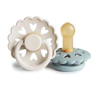FRIGG Fairytale Lot de 2 sucettes | Sucette en latex | Sans BPA | Fabriqué au Danemark | Tétine Cerise Symétrique | (Cream/Stone Blue, Taille 2 (6-18 Mois))